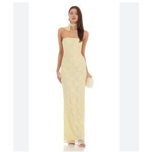 Lucy In The Sky Dress Womens 2XS Yellow Lace Strapless Ruched Bodycon Maxi Gown